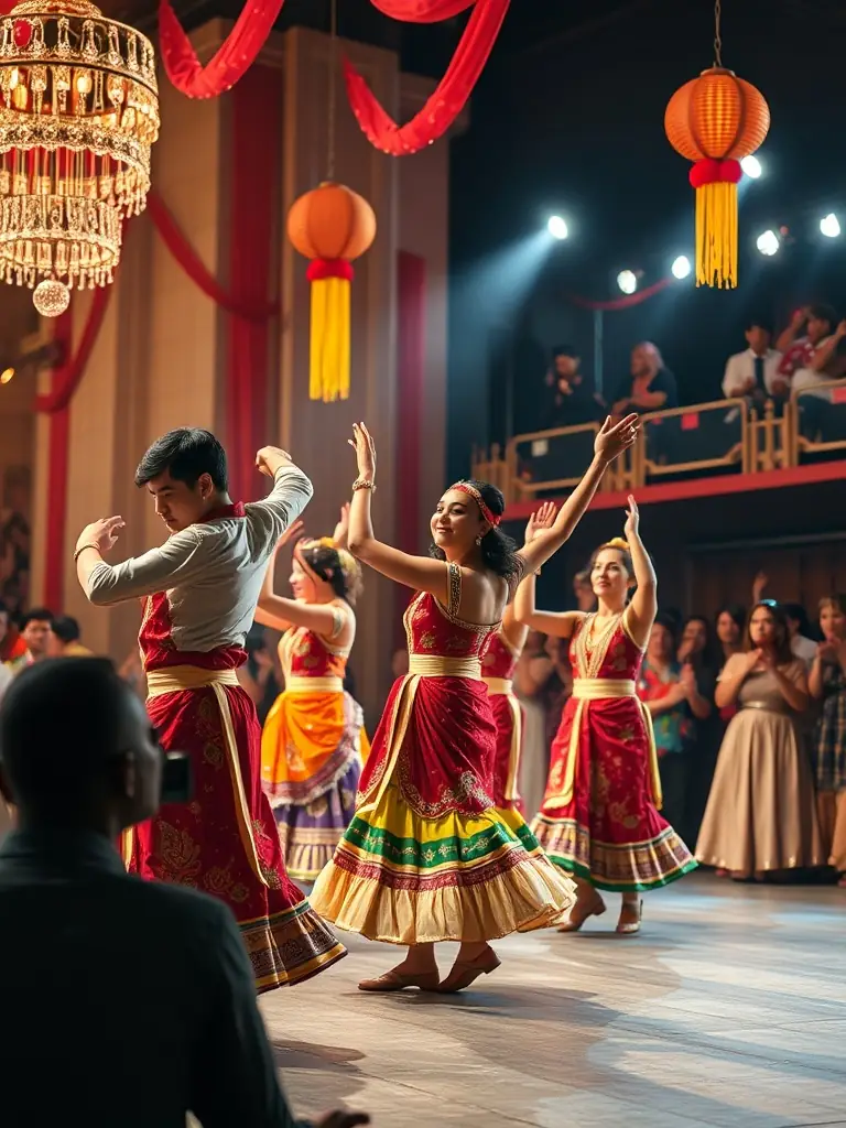 A diverse group of people participating in a cultural music and dance performance, celebrating the richness of global musical traditions.