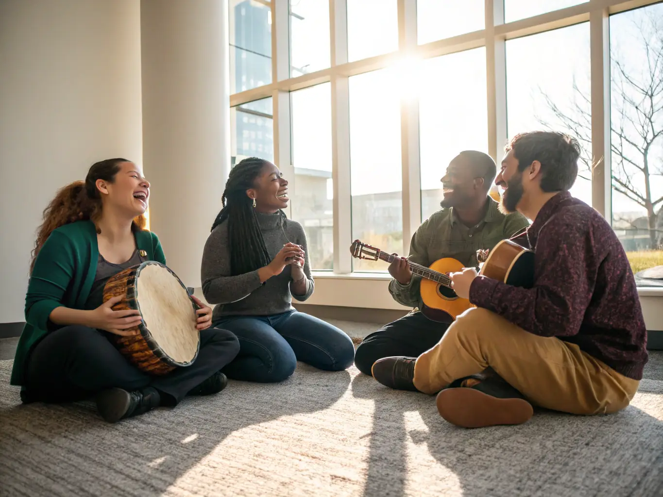 A dynamic image of adults participating in a cultural music workshop, playing traditional instruments from around the world, set in a community center with diverse participants.