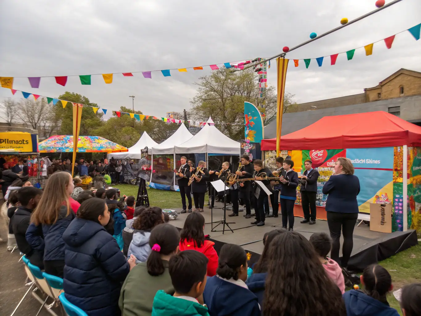 A captivating image of a community music festival, featuring local amateur musicians performing on stage, with a diverse audience enjoying the music in an outdoor setting.