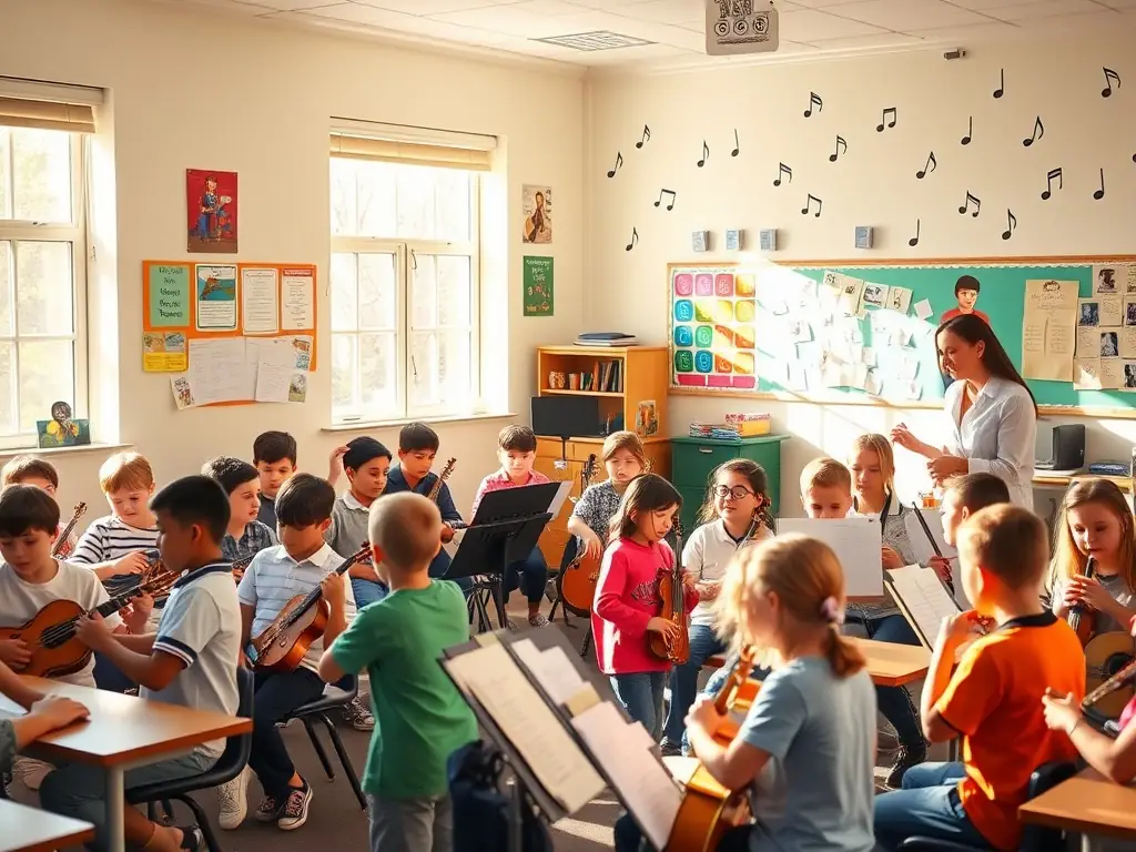 A vibrant image of children participating in a beginner's music class, learning to play simple instruments like recorders and percussion, set in a colorful and engaging classroom environment.