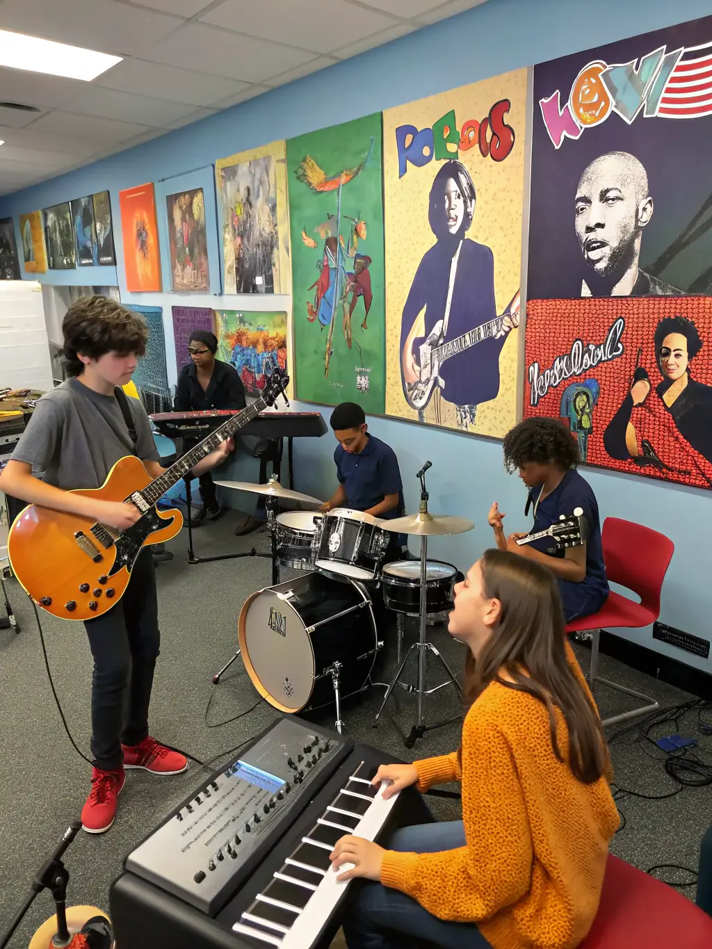 Teenagers participating in a rock band workshop, jamming together and learning about teamwork and musical expression.