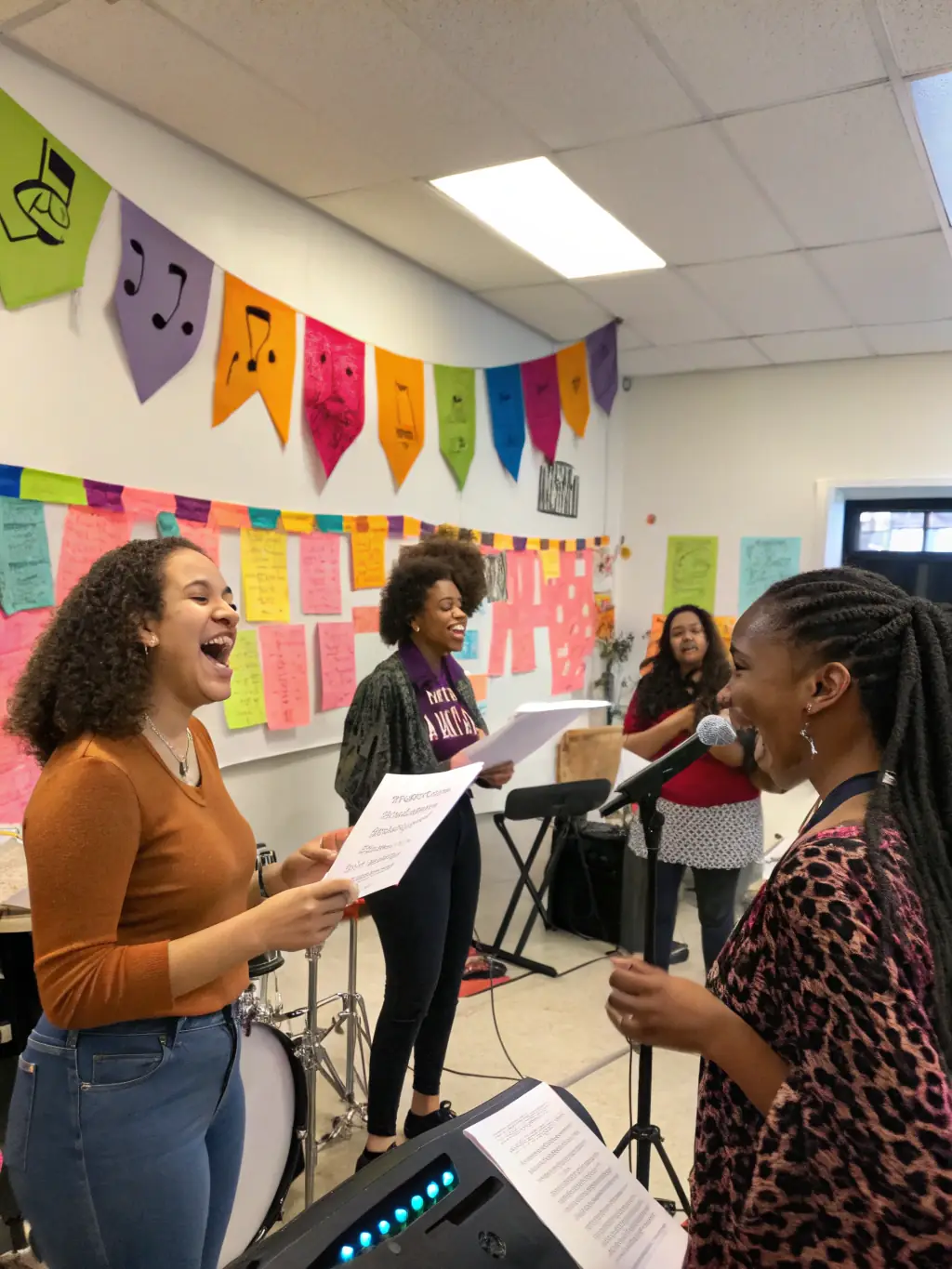 A heartwarming photo of adults participating in a choir rehearsal, singing together with enthusiasm and passion, led by a conductor in a community hall.