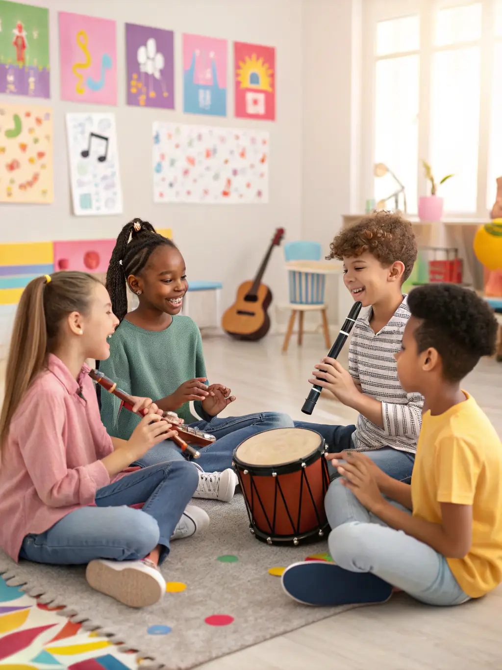 A vibrant classroom with young children learning to play various musical instruments, showcasing the joy and engagement in early music education.