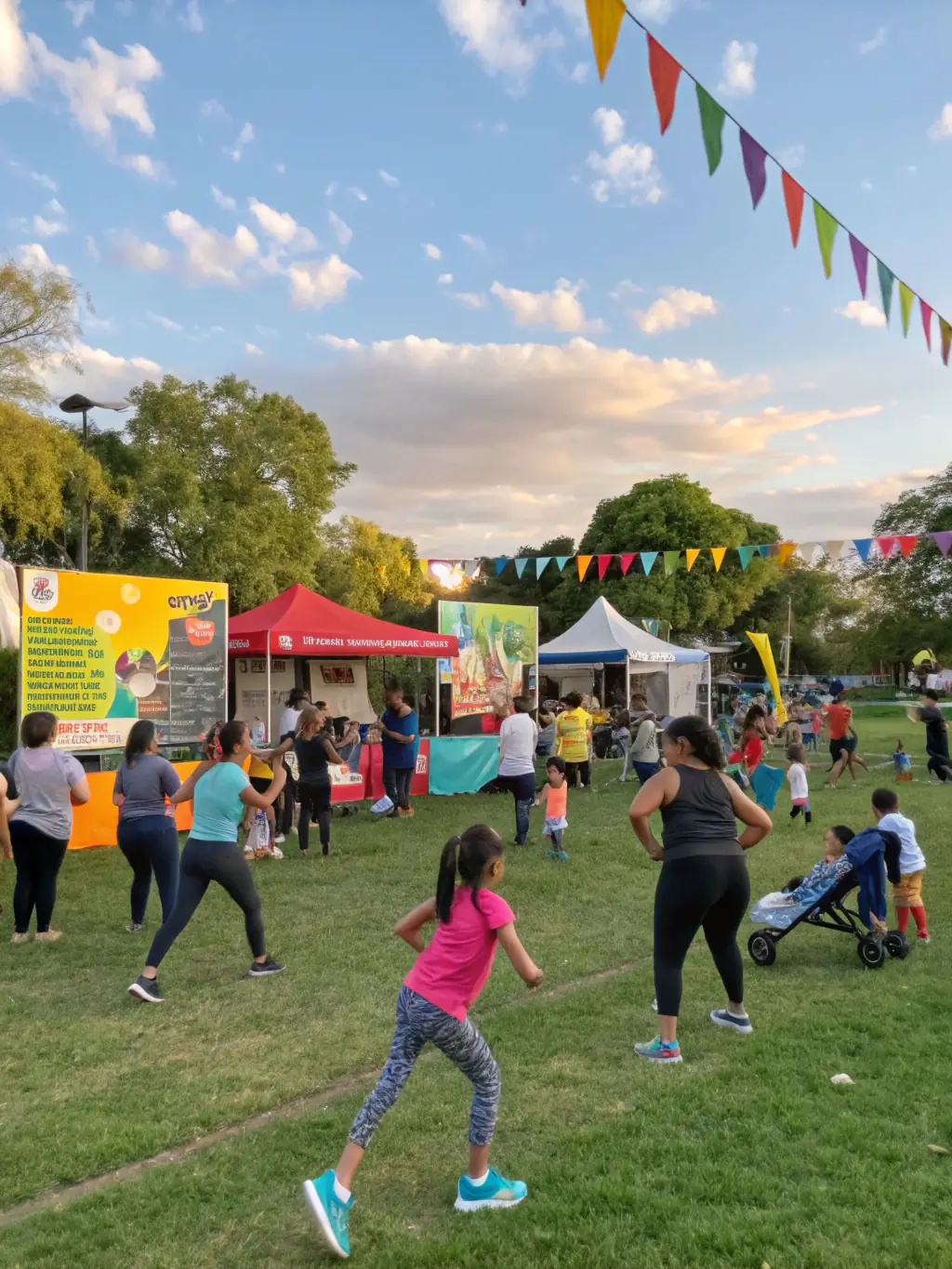 A community event with people of all ages participating in a health awareness campaign, promoting well-being and access to essential health services.