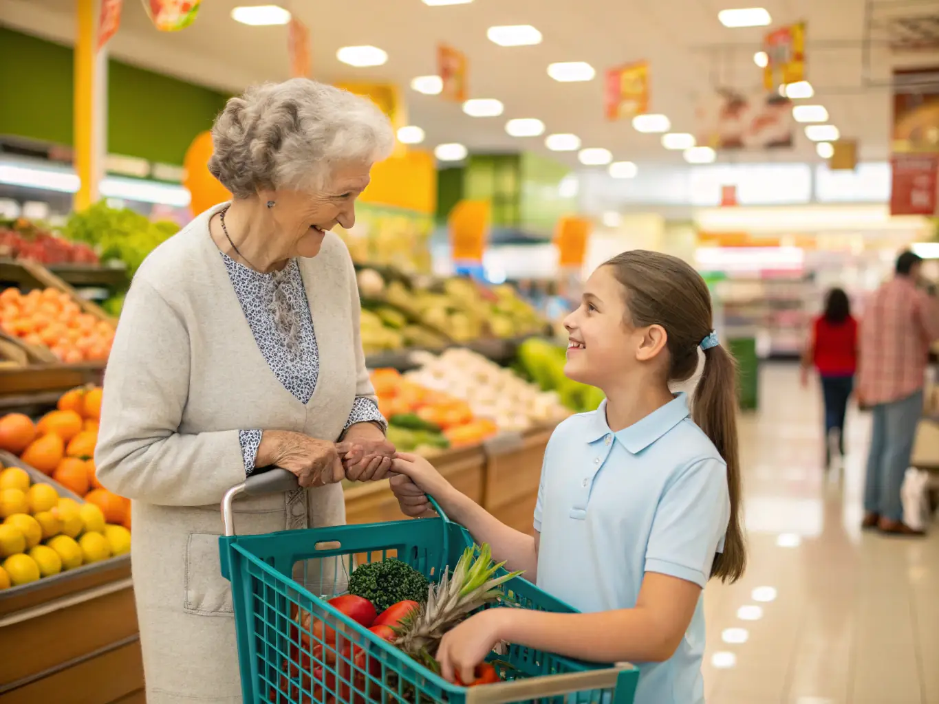 An image depicting volunteers assisting elderly individuals with daily activities in a community center.