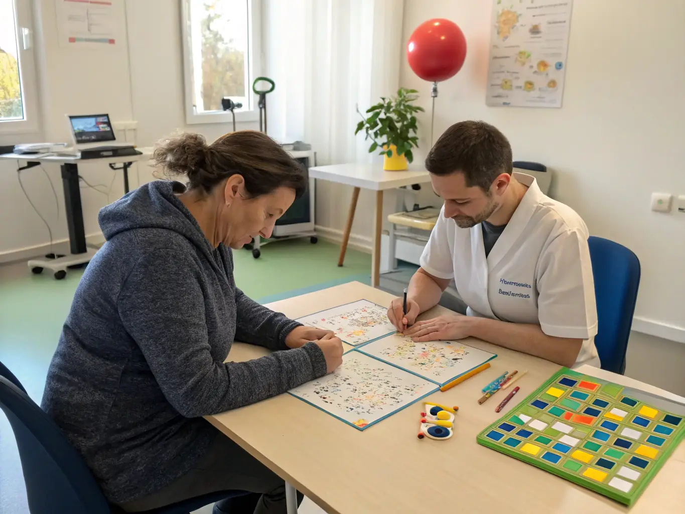 A therapist working one-on-one with a young adult with a disability, focusing on cognitive exercises and skill development in a quiet, supportive environment.