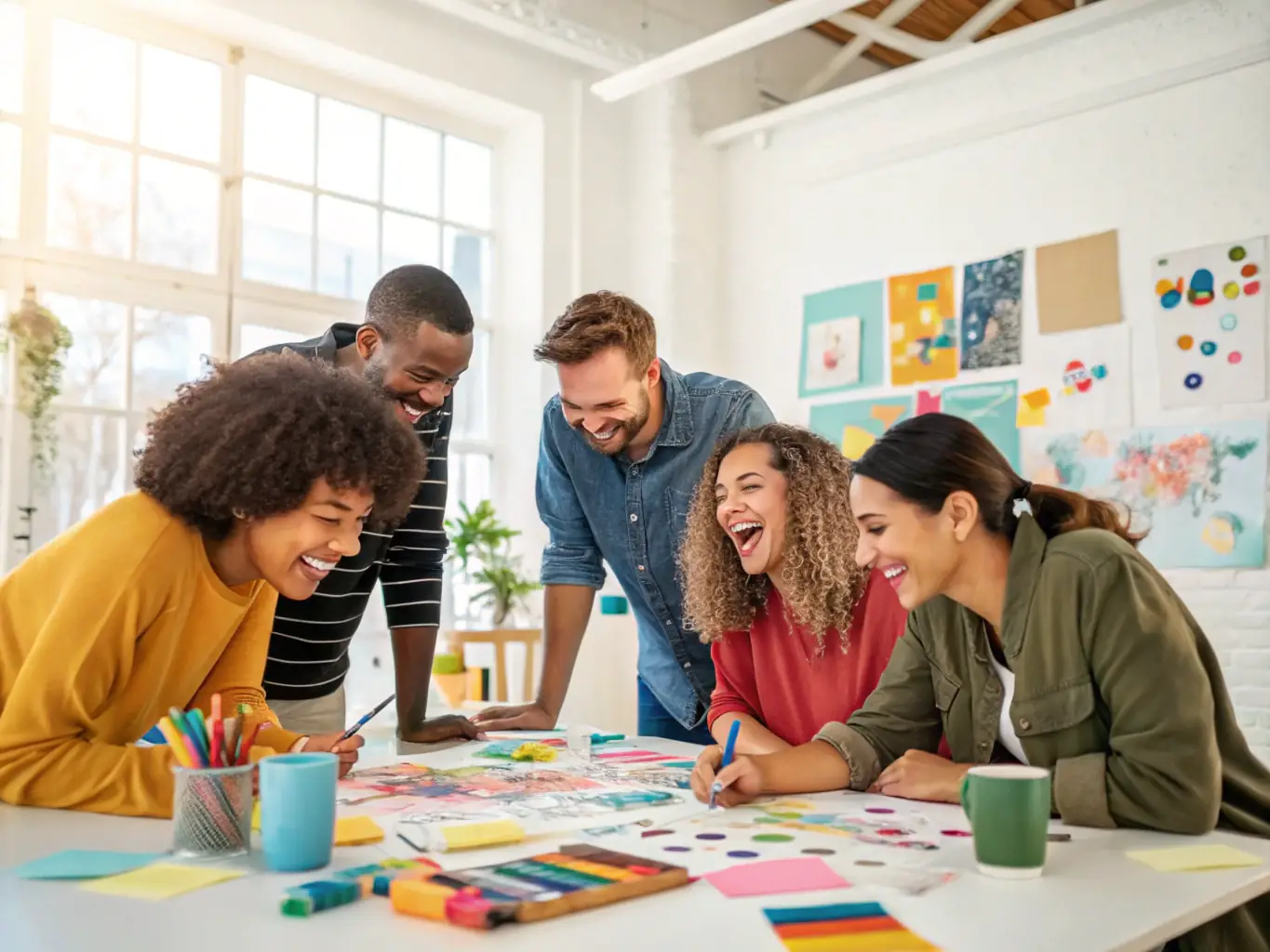 A group of adults with disabilities working together on an art project, expressing creativity and building social connections in a vibrant studio setting.