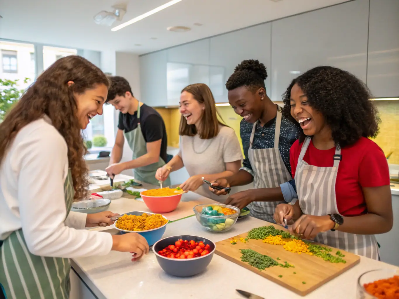 A group of young adults with disabilities participating in a cooking class, smiling and engaged, in a brightly lit kitchen setting. The scene emphasizes inclusivity and skill-building.