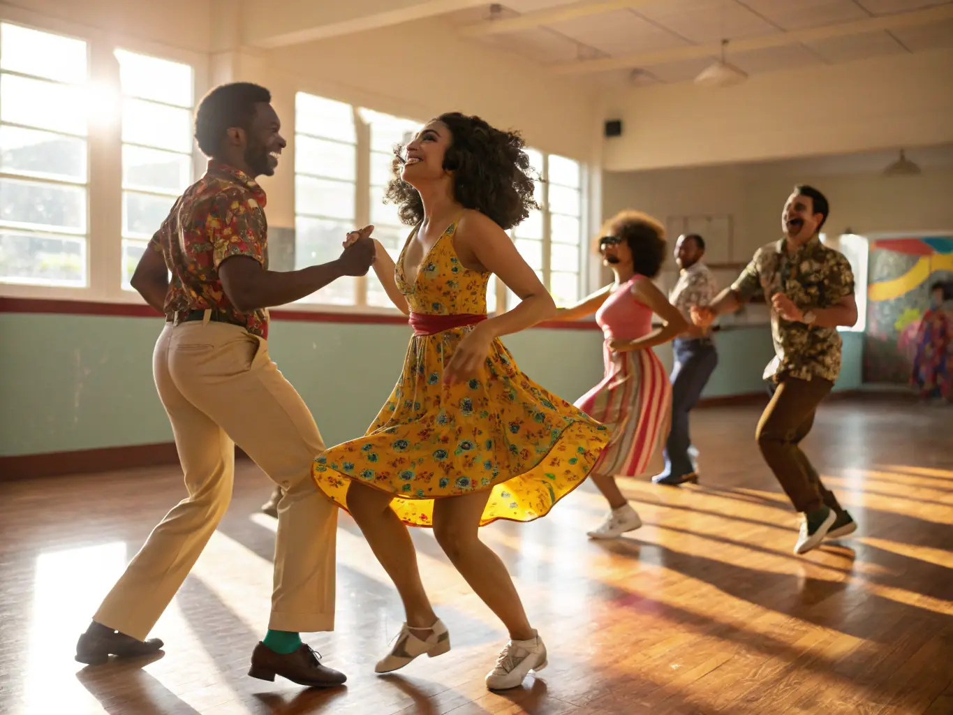 An energetic photo of participants engaging in a lively dance session, capturing the joy and community spirit of LA DANSE DES MONDES' dance workshops.