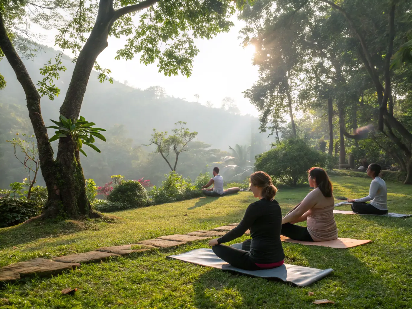 A serene image of a group practicing yoga outdoors in a peaceful setting, embodying the tranquility and mindfulness promoted in LA DANSE DES MONDES' yoga classes.