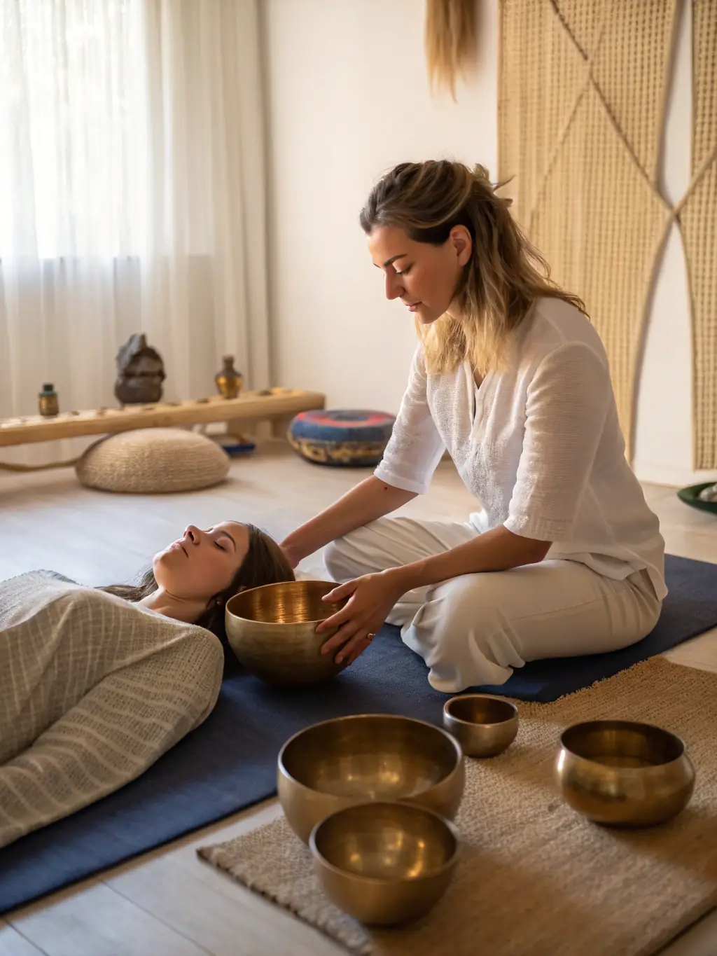 A serene image of a sound therapy session, highlighting relaxation and emotional healing.