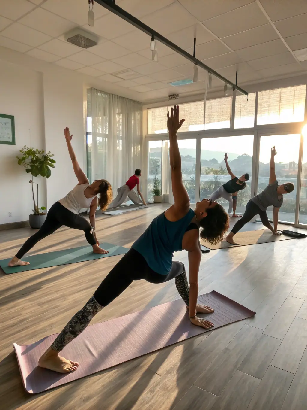 A vibrant image of people practicing yoga in a sunlit studio, emphasizing flexibility and strength.