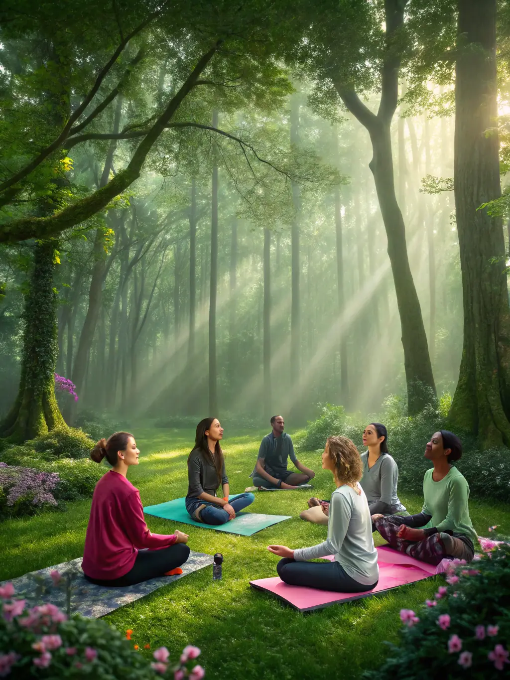 A group of people enjoying a retreat in nature, practicing mindfulness and relaxation techniques at LA DANSE DES MONDES.