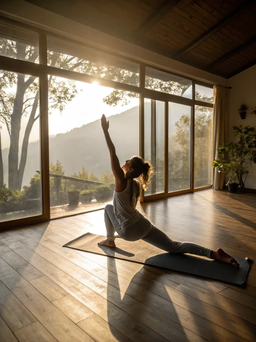 A serene image of participants in a yoga class, performing a gentle pose in a sunlit studio at LA DANSE DES MONDES.