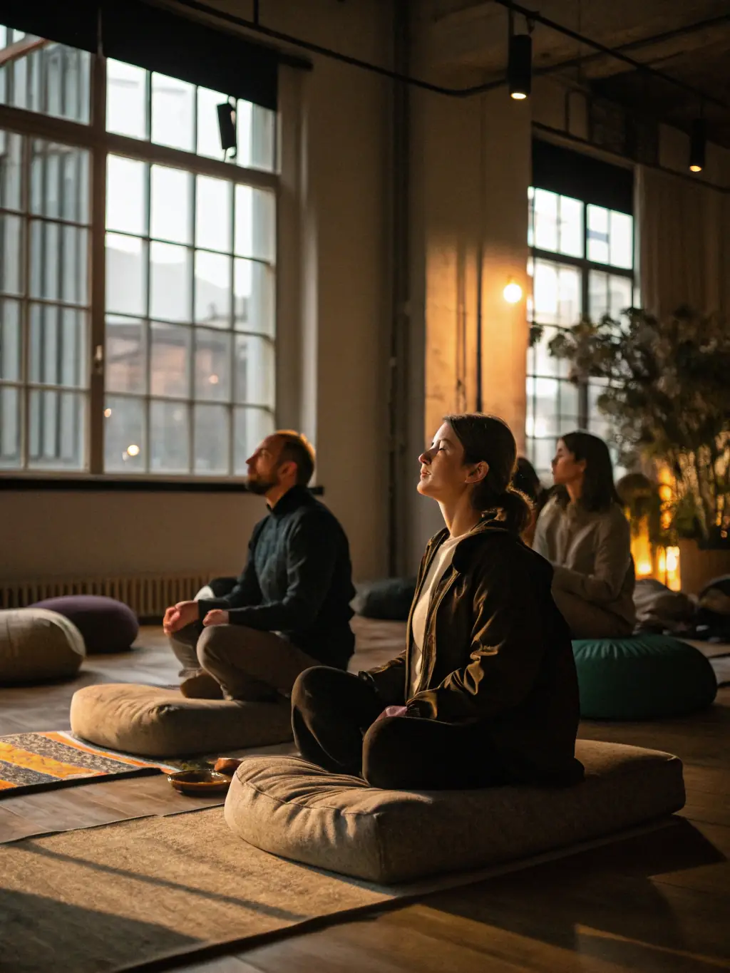 A calming image of participants in a music and sound therapy session, meditating with soothing sounds at LA DANSE DES MONDES.
